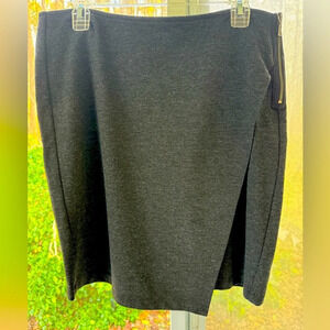 CAbi 8 faux Wrap Pencil skirt in dark gray and bronz side zip & button closure.